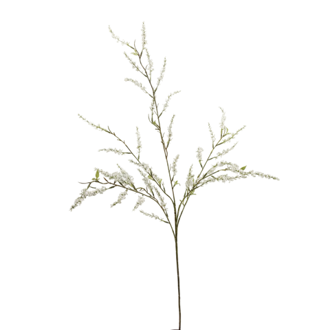 A single artificial flowering branch with delicate white blossoms and small green leaves on a plain light gray background.